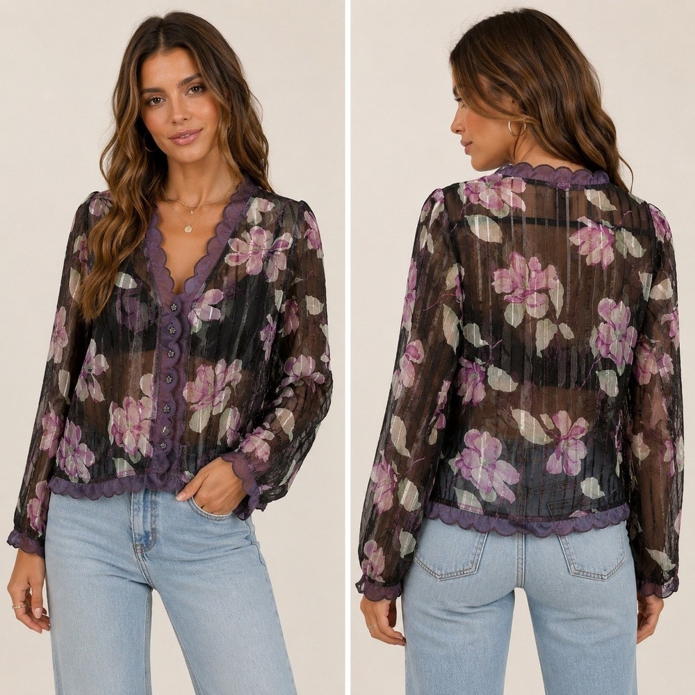 Aura by Wrangler M Y2K Whimsigoth Fairy Sheer Floral Scalloped‎ Hem Blouse Top